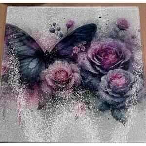Purple butterfly and flower 8” x 8” cutting board